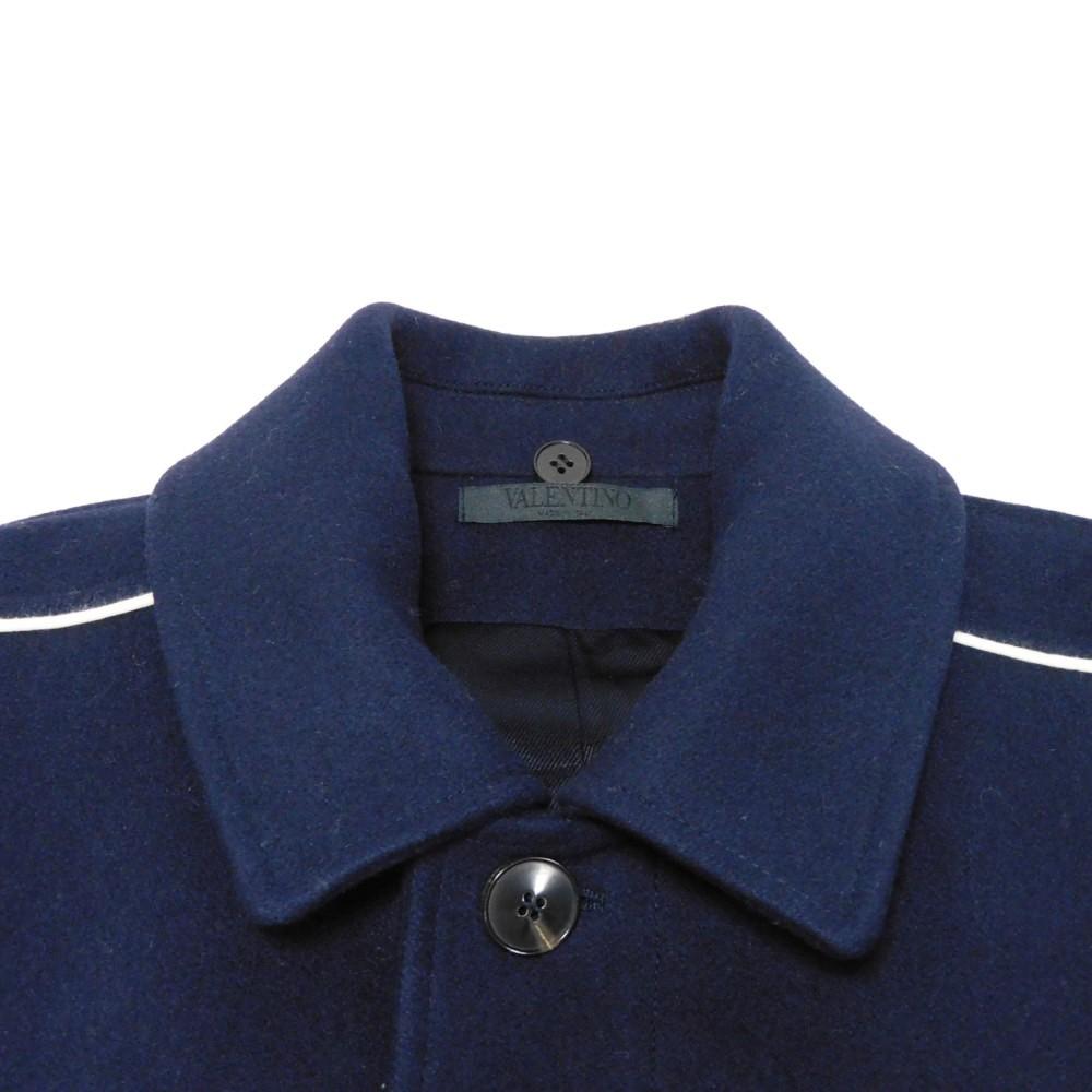 Used 8901 Rib Coat 7868 Striped Border 44 Piping Collared 2-Way Long Wool Navy Men's from Japan AUTHENTIC