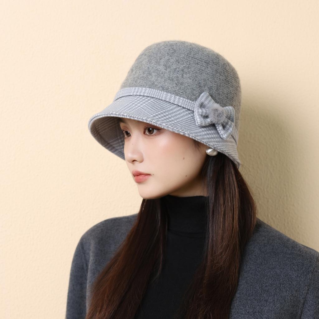 Autumn and Winter New Bow Bucket Hat Women's Woolen Basin Hat Mother Outdoor Warm Hat