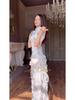 Women's 2025 Spring Retro Elegant Short Sleeve Waist-Cinching Long Dress