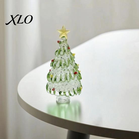 Festive Desk Decoration Hand Blown Glass Christmas Tree Figurine with Golen Star, Atmosphere Decor Mini Xmas Ornament, Handmade Desktop Holiday