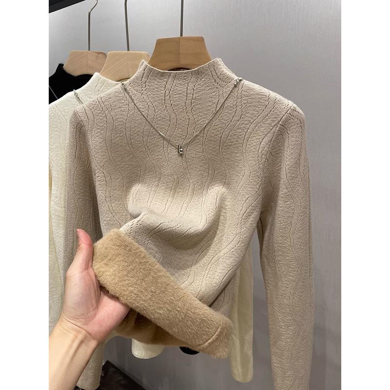 Autumn and winter fleece thickened sweater schoolgirl integrated fleece with semi-turtleneck knitted wool cashmere bottoming shirt top