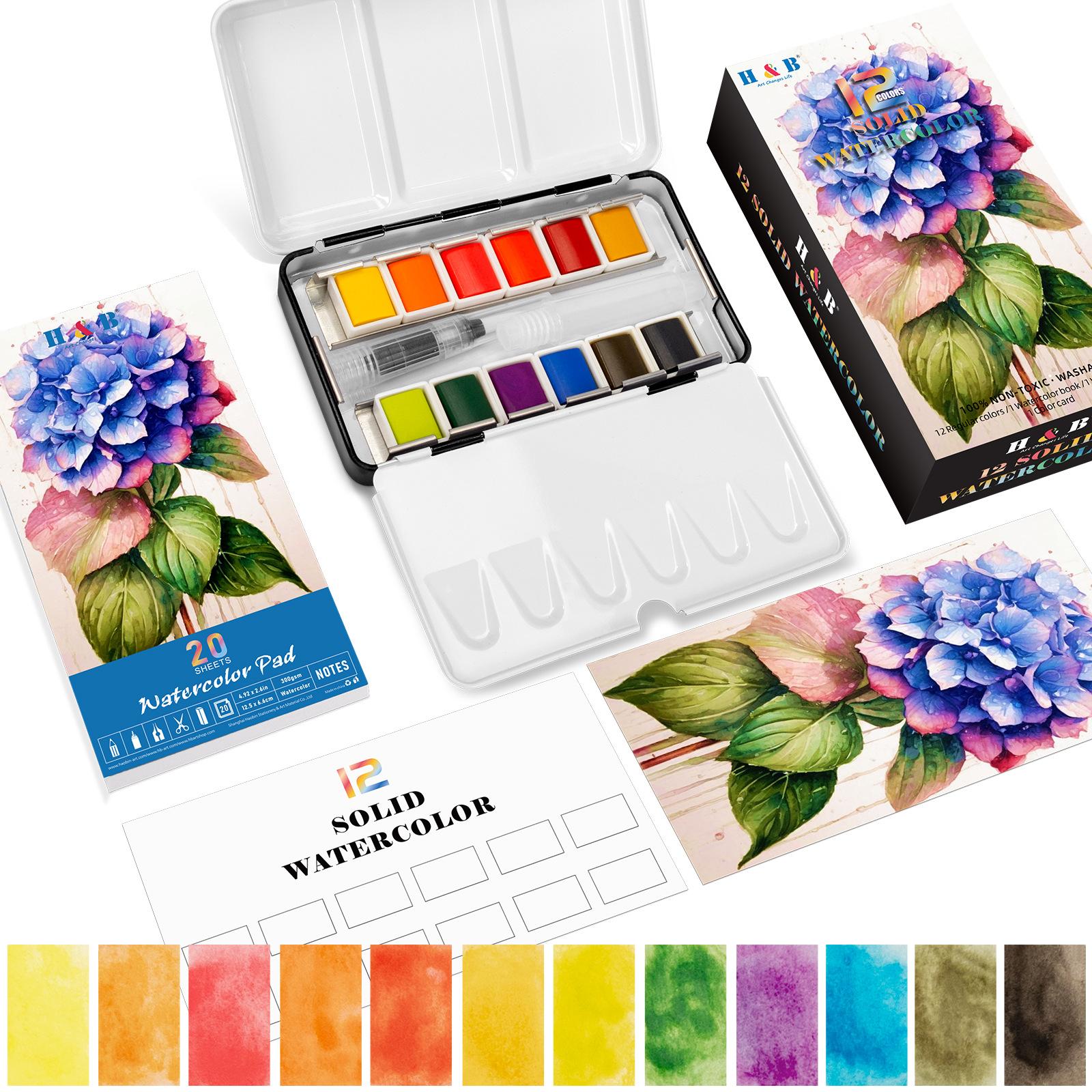 

12-Color Solid Watercolor Set Mini Travel Palette for Beginners Sketching Art Journaling 12-color watercolor