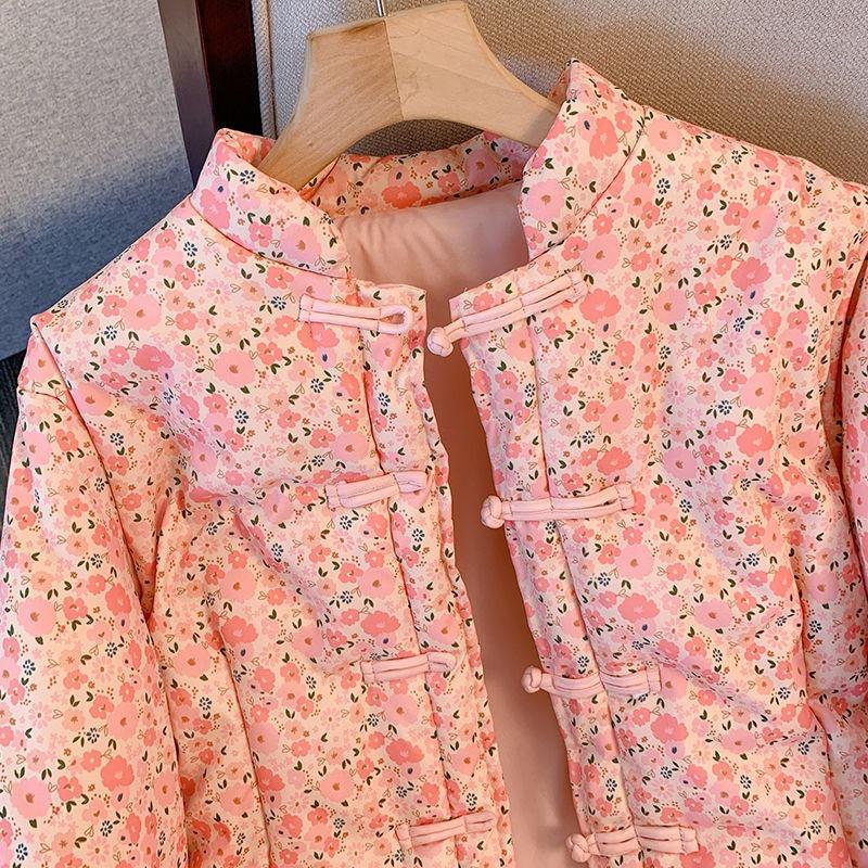 Medium floral padded jacket Winter Chinese retro disc-buckled padded jacket Thickened Tang padded jacket Women's light cheongsam jacket