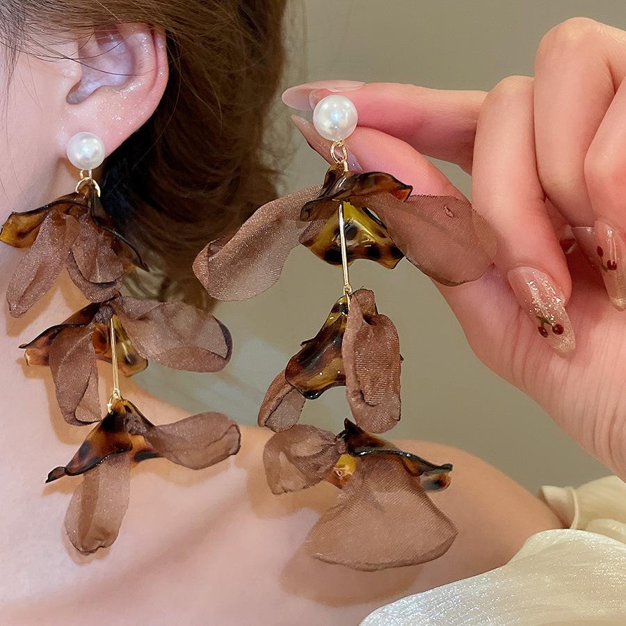 European and American retro fabric flower fringed leopard print earrings earrings personalized temperament earrings women