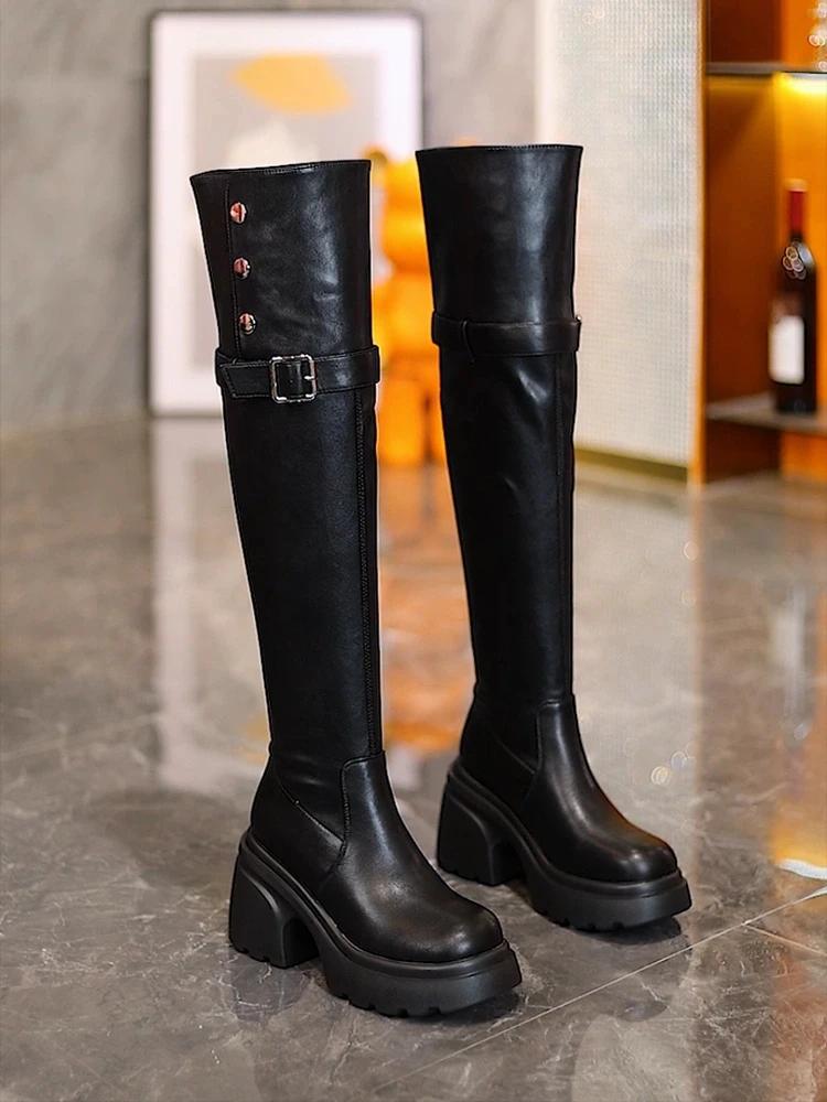 Plattform Dame Over Kneet Høye Støvler Mote Slip On Belte Spenne Sko Høst Vinter Dames Tykk Hæl Lange Ankelstøvletter