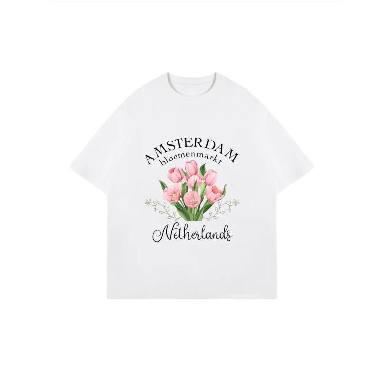 Übergroßes Damen-Kurzarm-T-Shirt mit Amsterdam "bloemenmarkt" Rosa Tulpe & "Netherlands" Textdruck