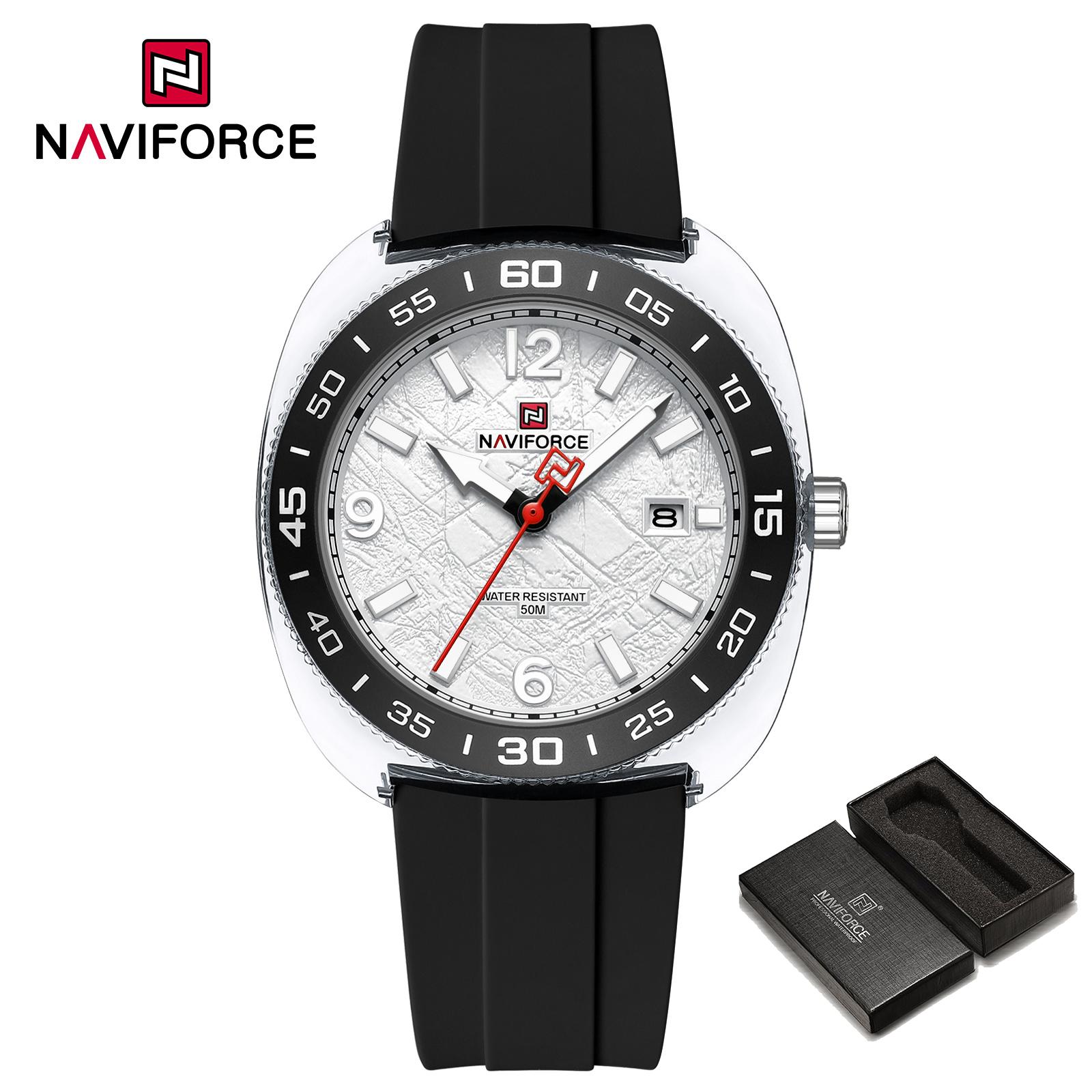 

Naviforce Оригинальные мужские часы с календарем, кварцевый механизм, круглый корпус, люминесцентные стрелки, водозащита 50 м, силиконовый ремешок, мужские повседневные часы NF7132 серебряный/белый
