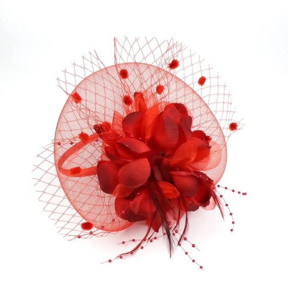 

Formal Dress Cocktail Bridal Mesh Flower Cap Luxury Wedding Feather Hat Hair Jewelry красный