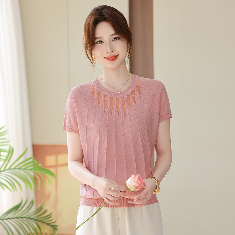 Summer Fashion Rhinestone Knit T-shirt for Women: See-through Ice Silk, Round Neck, Perfect for Young Mothers & Middle-aged Women