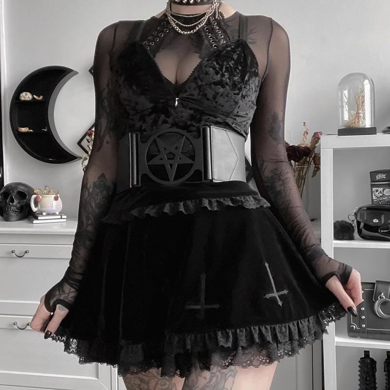 Women Gothic Velvet Mini Skirt High Waist Cross Embroidery Lace Ruffled Hem Short Skirt Winter Streetwear
