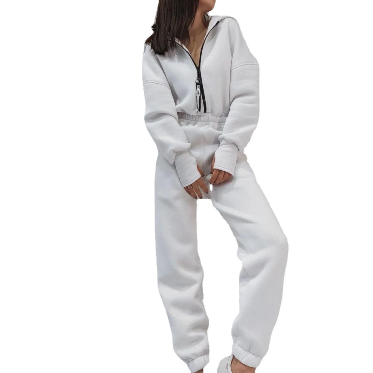 

Осенний новый модный комбинезон на молнии с капюшоном, женский однотонный, с длинным рукавом, повседневный, спортивный, теплый, цельный женский комбинезон M белый