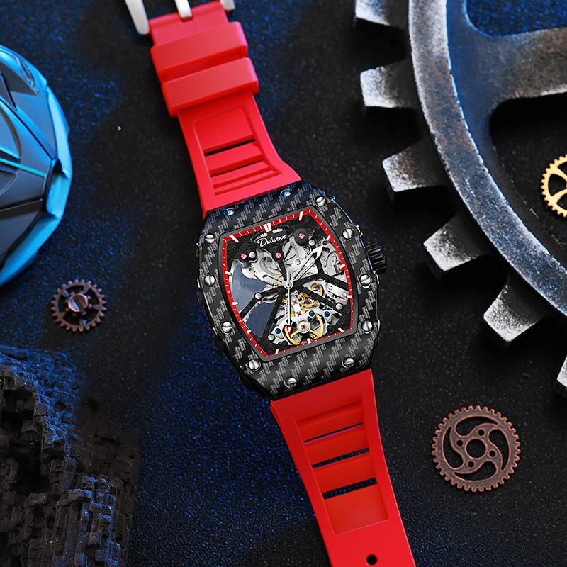 Tonneau Dial Men Automatic Mechanical Watch Skeleton Tourbillon Male Wristwatch Top Brand Luxury Rubber Strap Reloj Hombre