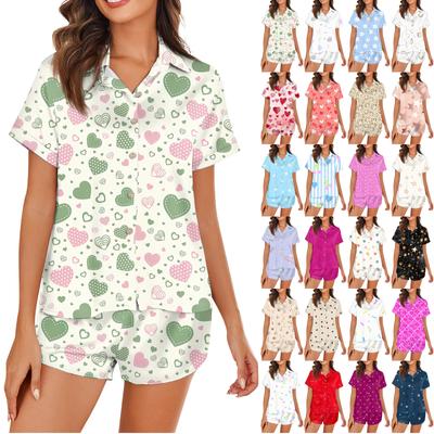 Women's Silk Pajamas Button Home Clothes Star Print Short Sleeve Satin Pajama Set 2 Piece Set