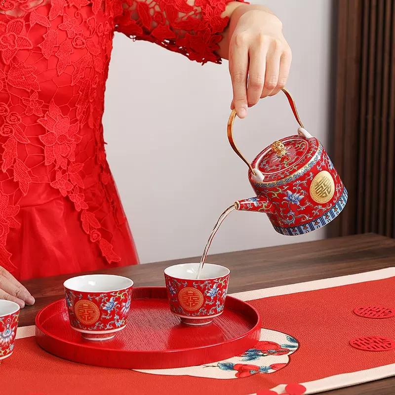 Enamel Colored Tea Cup Set, Tea Pot Set, Wedding Celebration Tea Joy Tea Cup, Creative High Grade Hand Gift