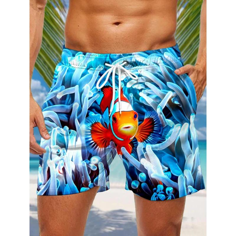 3d Seafood Print Men's Swimsuit Japanese Fish Hawaiian Shorts Men Summer Swim Shorts Drawstring Casual Shorts