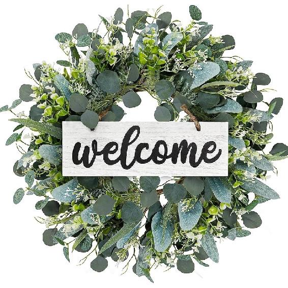 Dremisland Green Eucalyptus Wreath with Welcome Sign 22in Spring Summer Artificial Eucalyptus Wreath for Front Door Polytype Leaves Wreath for Wall