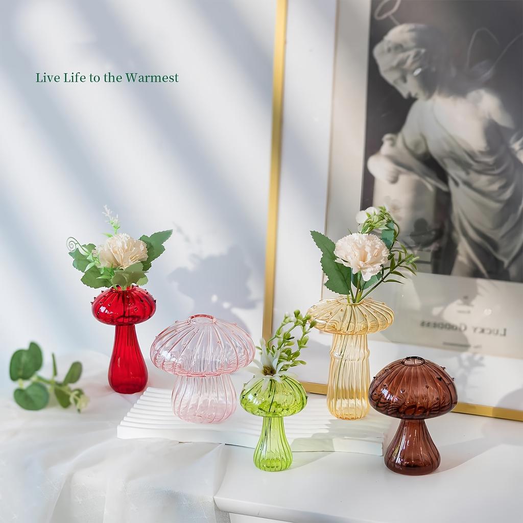 Glass Mushroom Vase Flower,5 Colorful Small Bud Vase Unique, Mushroom Propagation Hydroponic Vase, Funky Farmhouse Decor, Home Room, Kit