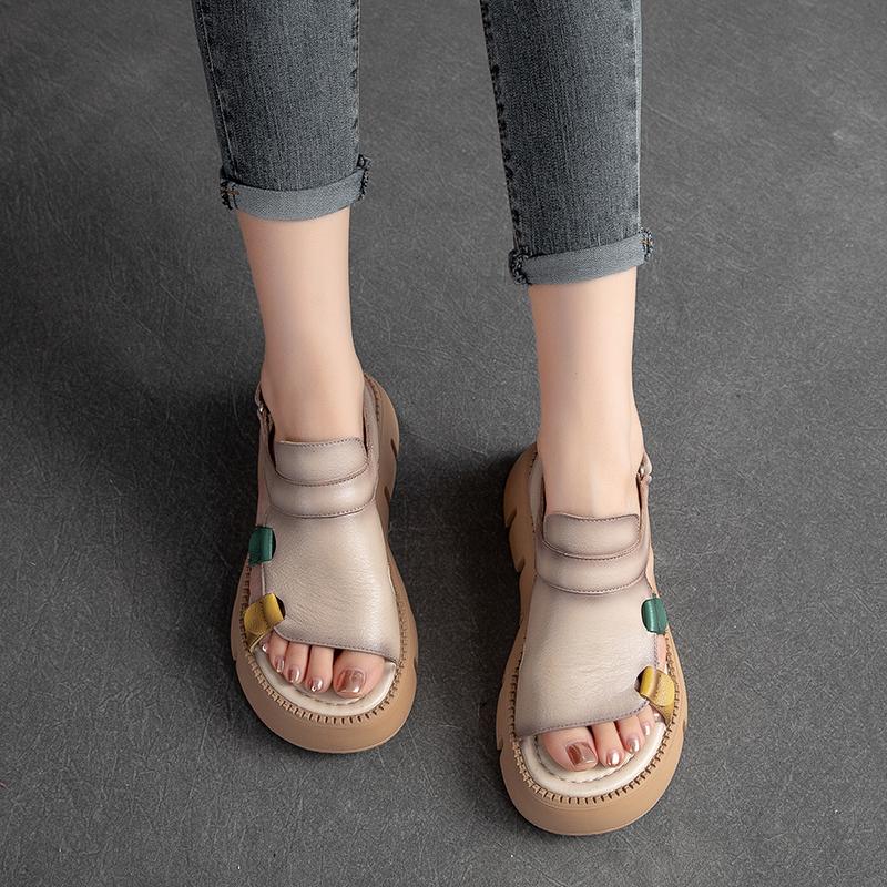 Fashion GKTINOO 2025 Handmade Genuine Leather Sandals Women Thick Soled Hook & Loop Wedges Platform Casual Sandals Summer Shoes