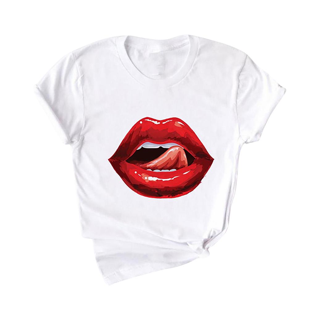 Fashion Women  Red Lip Mouth Print Short Sleeve Casual Top T-Shirt Blouse