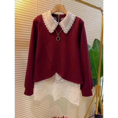 Hiver Automne Rouge Dentelle Assemblée Fausse Deux Pièces Lâche Manches Longues Pull Sweatshirt Haut