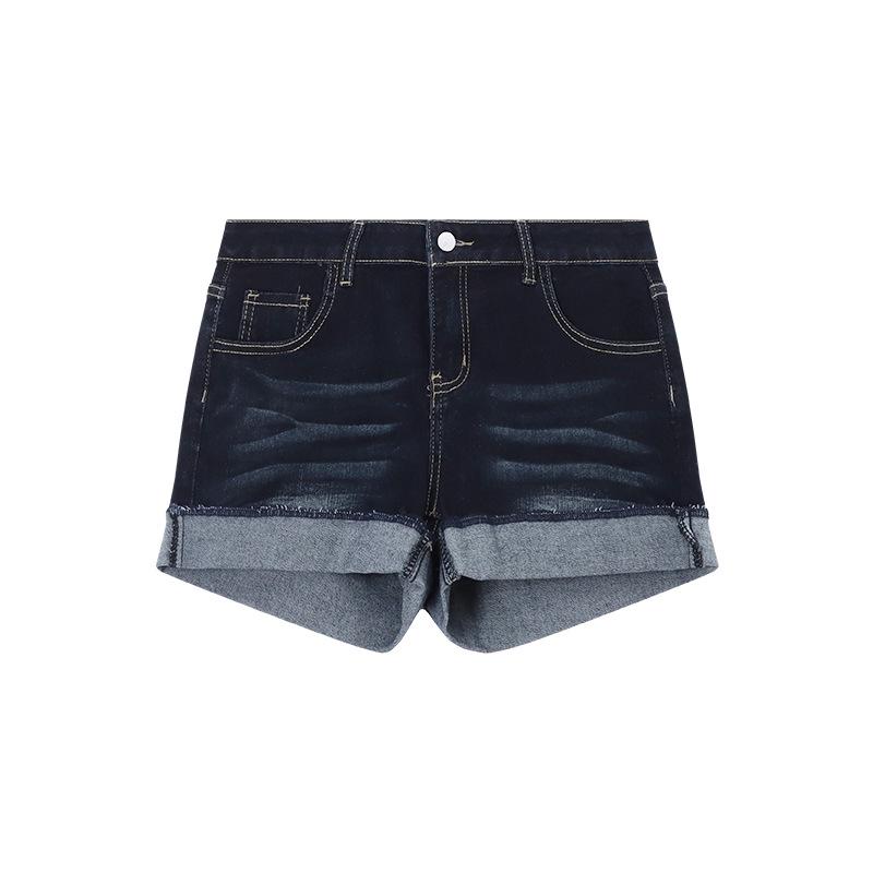 Women's High-Waist Dark Blue Denim Shorts - Sexy, Hip-Hugging A-Line with Rolled Edges for Summer