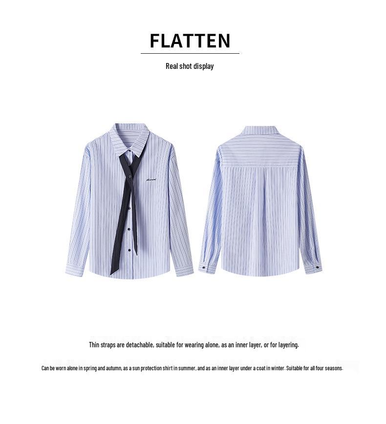 Women's Blue Striped Long Sleeve Shirt: Spring 2026 New Design with Tie Top, Loose and Fashionable.