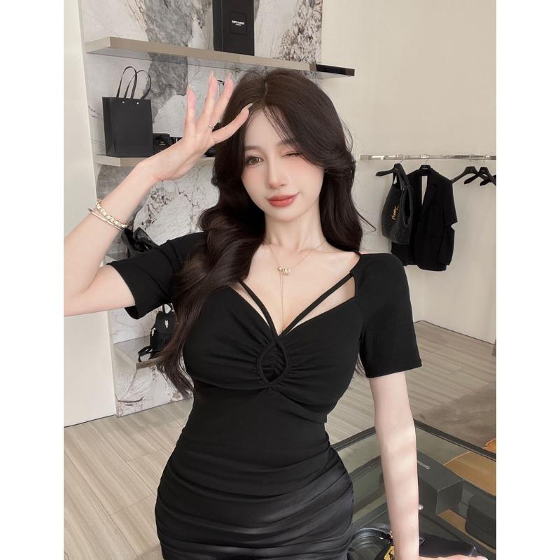 Women's clothing  new niche design sense one-word shoulder short sleeves slim-fitting sexy and thin pure desire wind off-the-shoulder dress