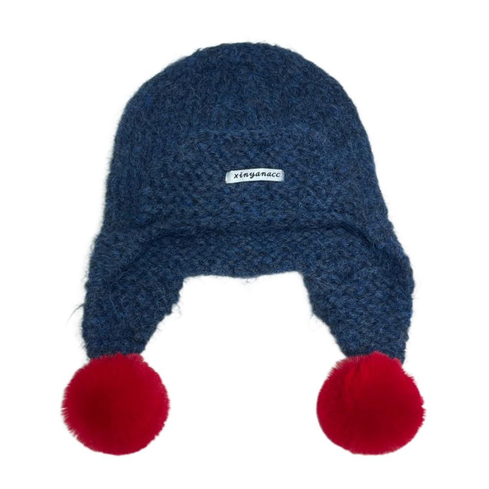 

Мохерові шапочки з помпоном Шапка-біні В’язана зимова шапка Нова шапка-пілот для захисту вух На відкритому повітрі темно-синього кольору