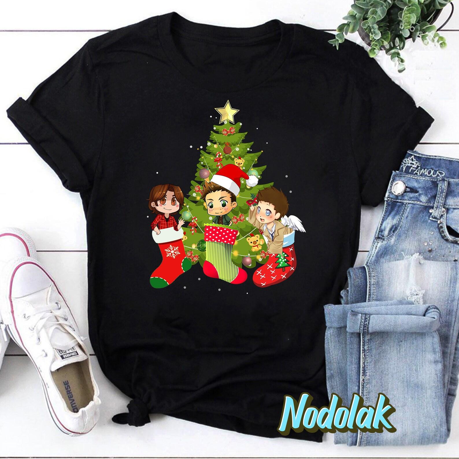 Merry Christmas Tree Supernatural Characters Chibi T-Shirt, Supernatural Winchesters Shirt, Winchester Brothers Shirt, Christmas Shirt L