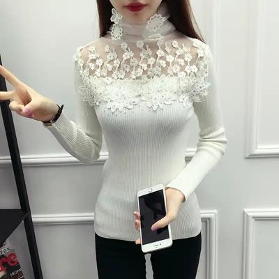 Autumn Winter New Korean Style Sweater Women's Lace Stitching Hollow Slim Long-sleeved Knitted Bottoming Shirt