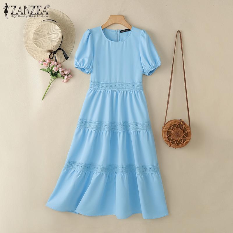 ZANZEA Women Casual O-neck Short Sleeve Summer Lace Patchwork Long Dress