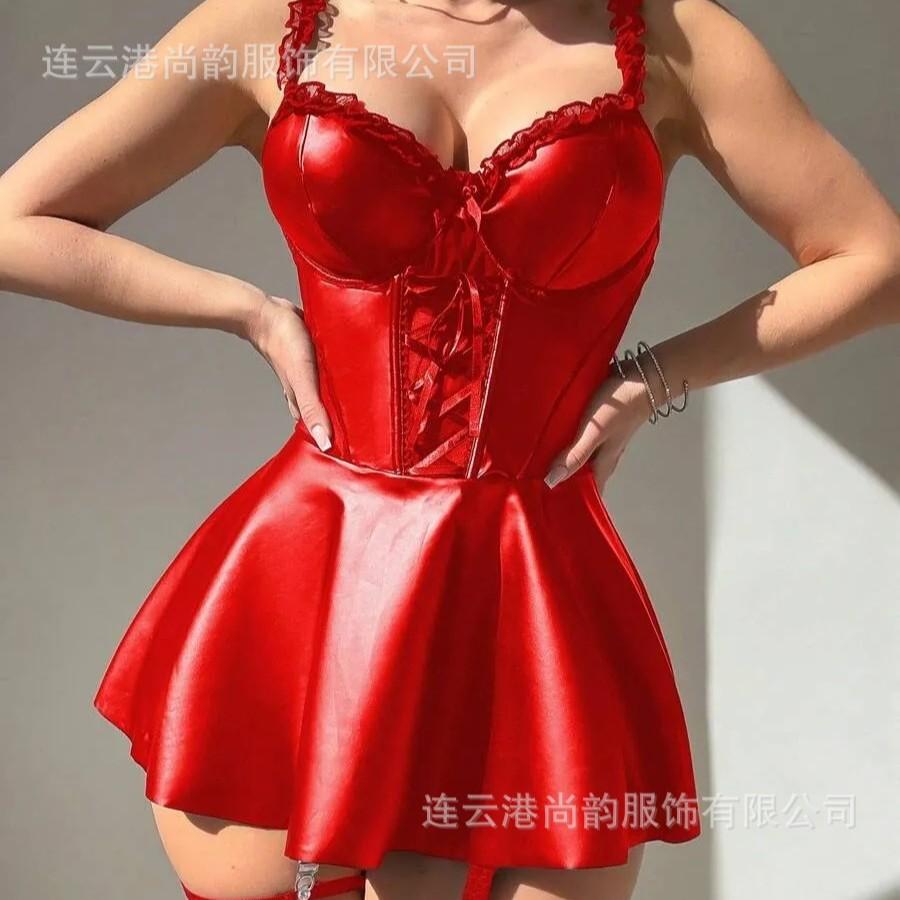 European and American women's dress party dance dress sexy nightdress set sexy suspender leather skirt
