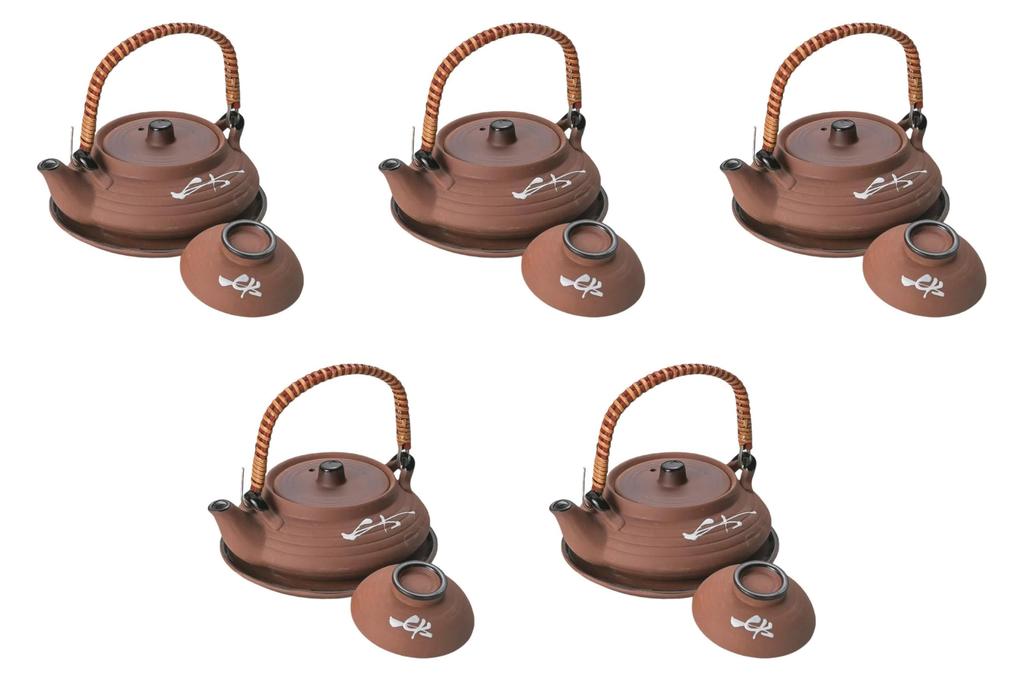 Set of 5 Pine Needle Flat Earthenware Teapots x 5cm Earthenware Teapots Made in China by Setomonohonpo [11.6 (240cc)]