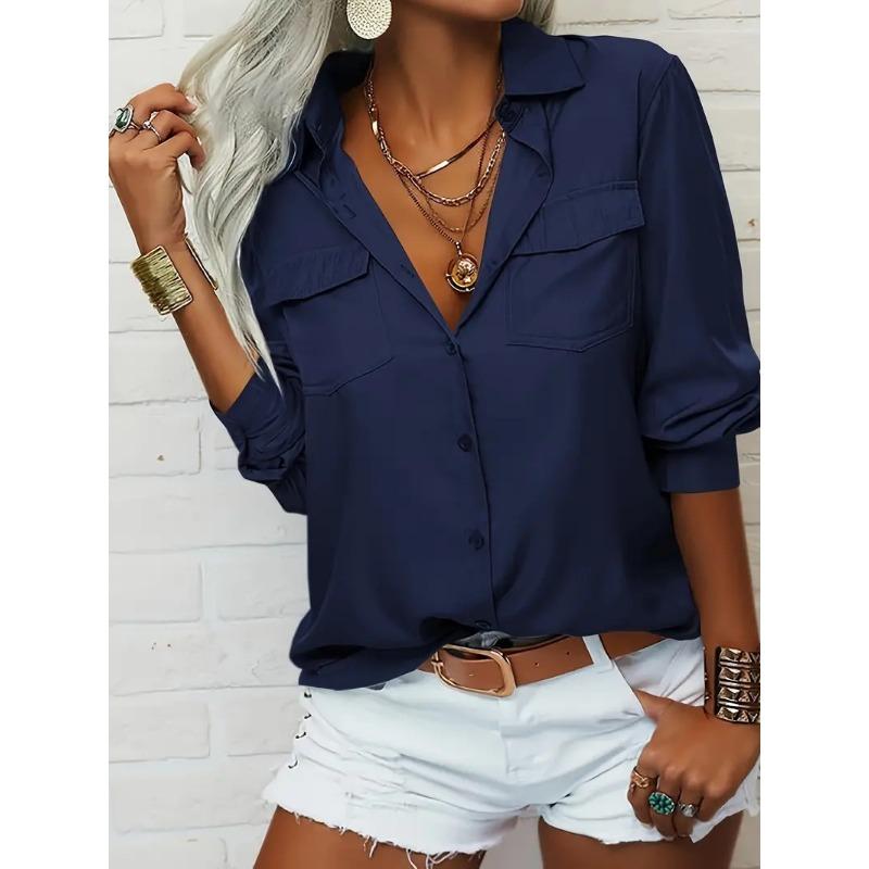 Long - Sleeve Button - Up Double - Pocket Lapel Casual Women's Blouses & Shirts