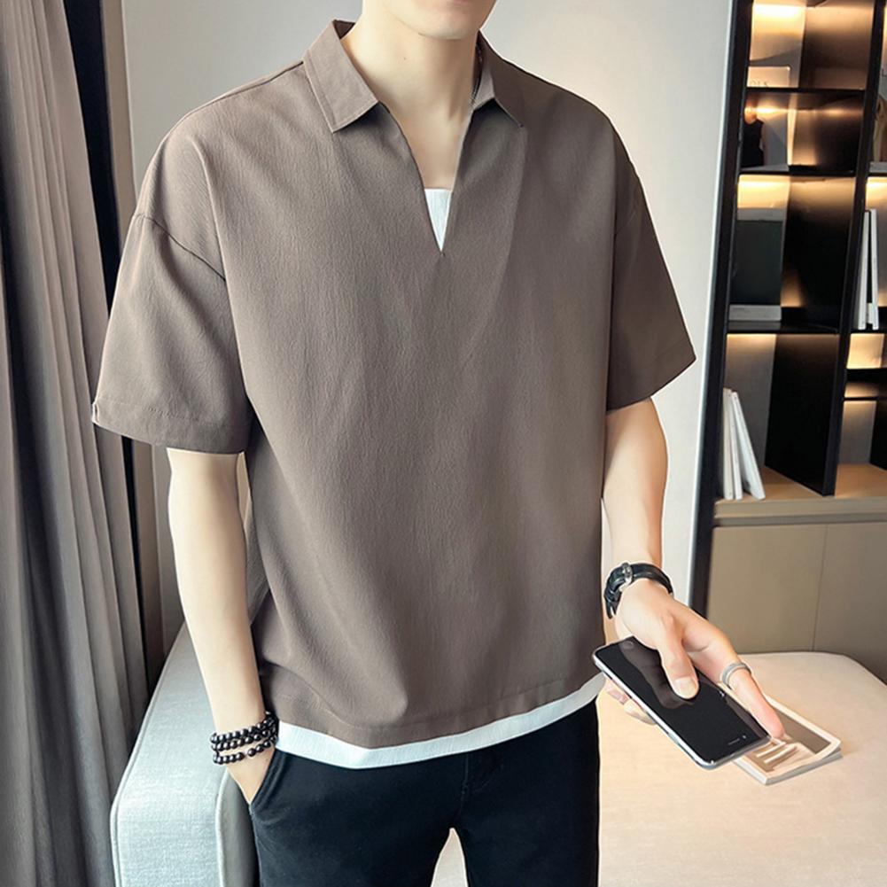 Sommer Herrenhemd V-Ausschnitt Revers Einfarbig Fake Zweiteiler Eisseide Kurze Ärmel Lockerer Pullover Dehnbar Lässiges Alltags-T-Shirt Spo