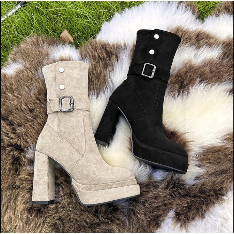 Fashion Vintage Platform Thick High Heel Women Mid-Calf Boots Fashion Slip On Autumn Winter Female Western Short Booties Botas De Mujer