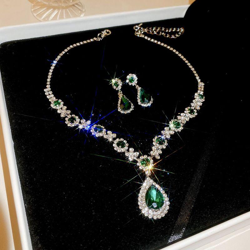 

Cross Border Water Drop Diamond Ear Stud Necklace Affordable Luxury Style Stylish Pendant Clavicle Chain Internet Celebrity Fancy Ornament Female Necklace-silver-green (two-piece set)