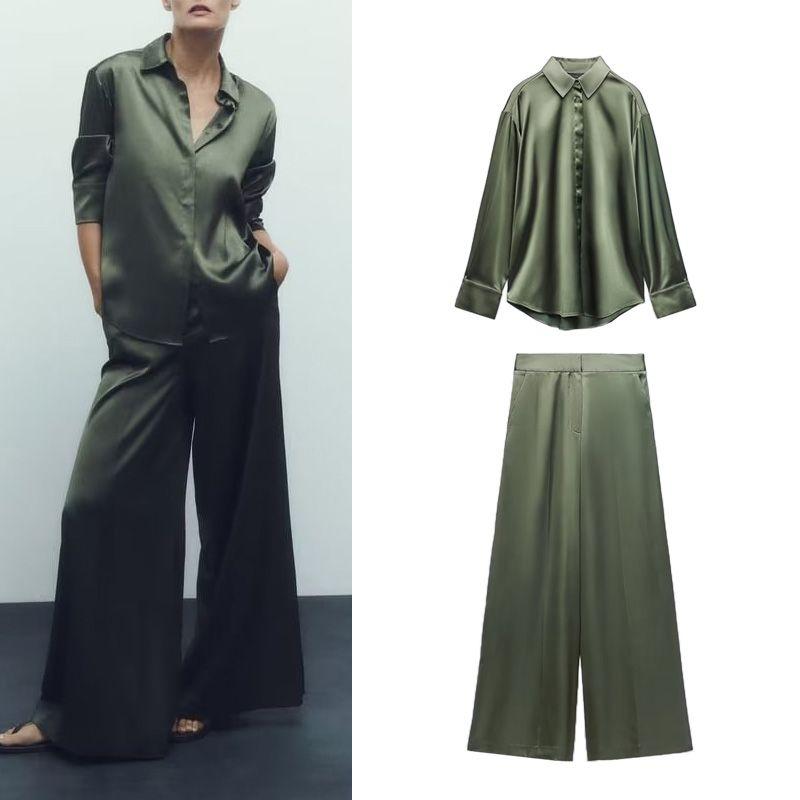 Spring NEW Set Casual Silk Satin Texture Shirts 9929235 Silk Satin Texture Wide Leg Pants 9929231