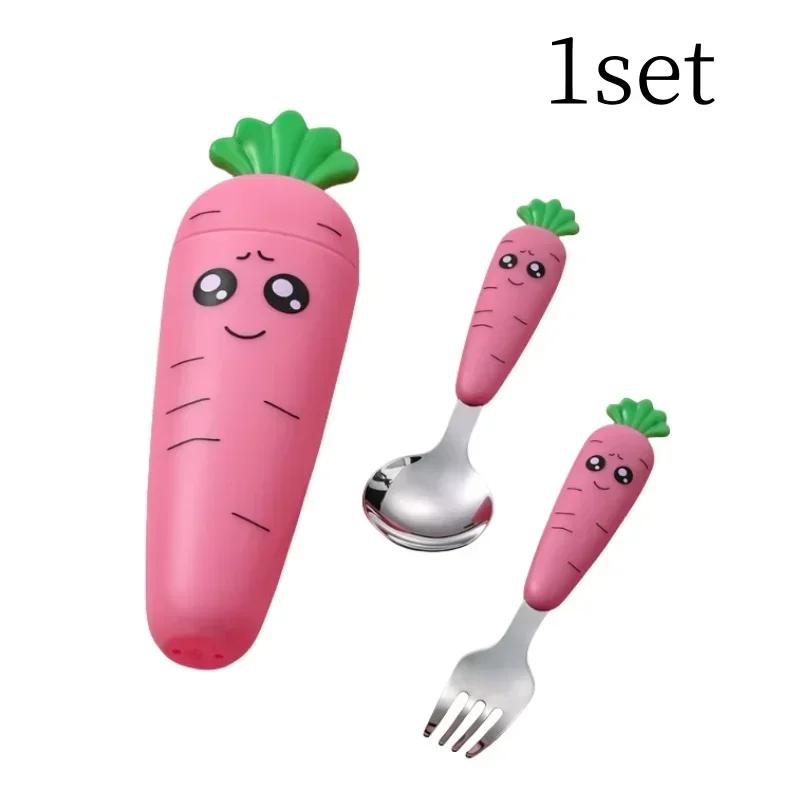Carrots Set Children Dinnerware Stainless Steel Spoon Fork Flatware With Box Baby Feeding Tool Kitchen Tableware Supplies