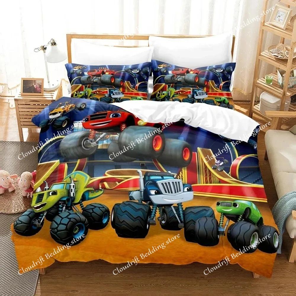 Set Letto Stampa 3D Blaze e le Mega Macchine Cartone Animato Copripiumino Matrimoniale Singolo Piazza e Mezza King Adulti Ragazzi Biancheria da Letto Copripiumino
