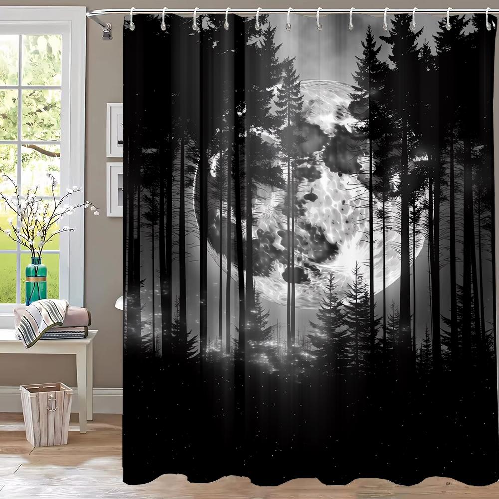 Mysterious Night Misty Forest Shower Curtain, Scenery Bathroom Curtain,Printed Polyester Home Decorative Curtain with Hooks