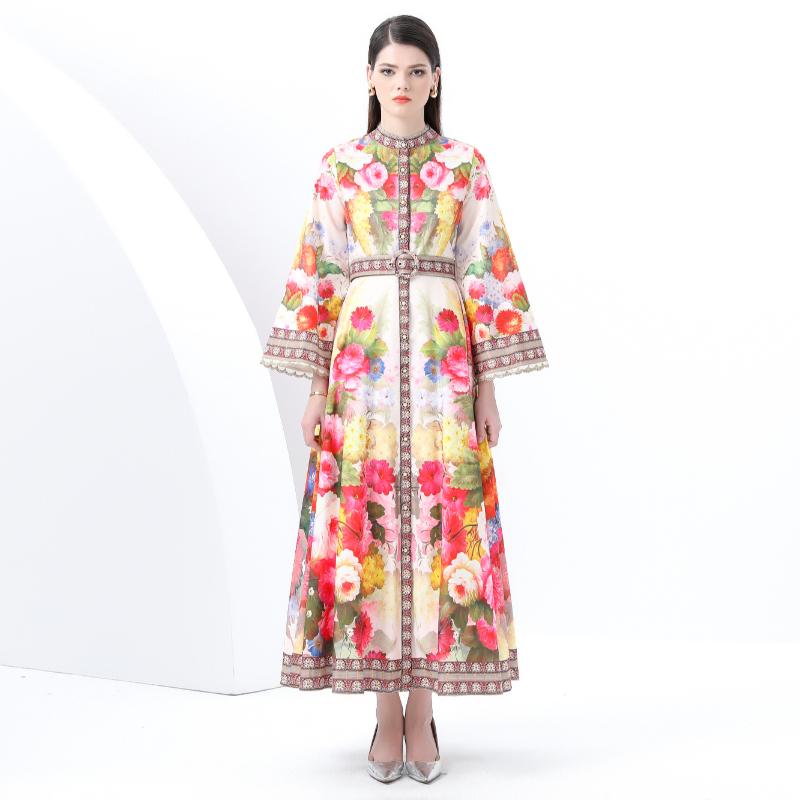 Dámské jarní a letní retro plážové šaty s jednořadým výstřihem ke kotníkům a páskem