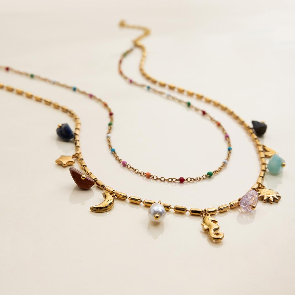 Youthway Stainless Women Double Layers Oil Drip Necklace Ocean Style Inlaid Natural Stone Seahorse Pendant Vacation Accessories