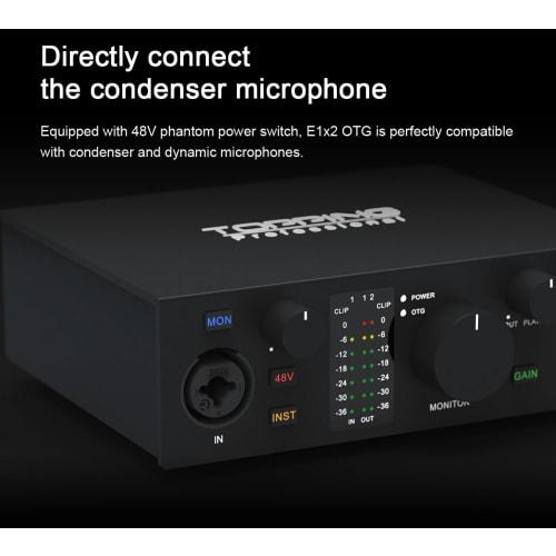 TOPPING Professional E1X2 OTG 1-in/2-out Audio Interface, Audio Mixer for Streaming, DTM, Mixing, Music Production, Singing, and More. USB Type-C Moni