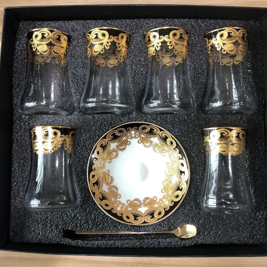 6 Ensembles Tasses à Thé Turques Tasses Ensemble Soucoupes avec Cuillère Tasse à Café Romantique Exotique Tasse à Thé en Verre Décoration de Cuisine Boîte Cadeau