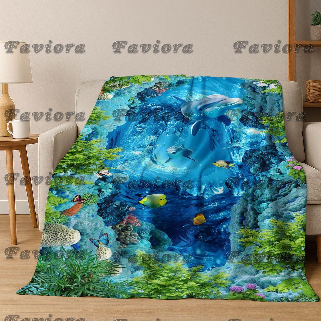 26 Style 3D Illusion Sea Underwater World Dolphin Flannel Blanket,Cozy Soft Throw Blanket for Home Bedroom Bed Sofa Cover Gift