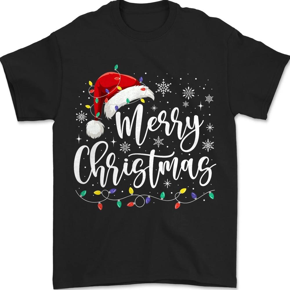 Merry Christmas Lights Red Santa Hat Xmas Family Men Women T-Shirt