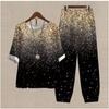 Women's Casual Two-Piece Floral Print Outfit Five-Point Sleeve Tops and Elastic Waist Pants Set