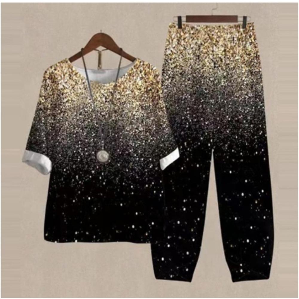 Women's Casual Two-Piece Floral Print Outfit Five-Point Sleeve Tops and Elastic Waist Pants Set