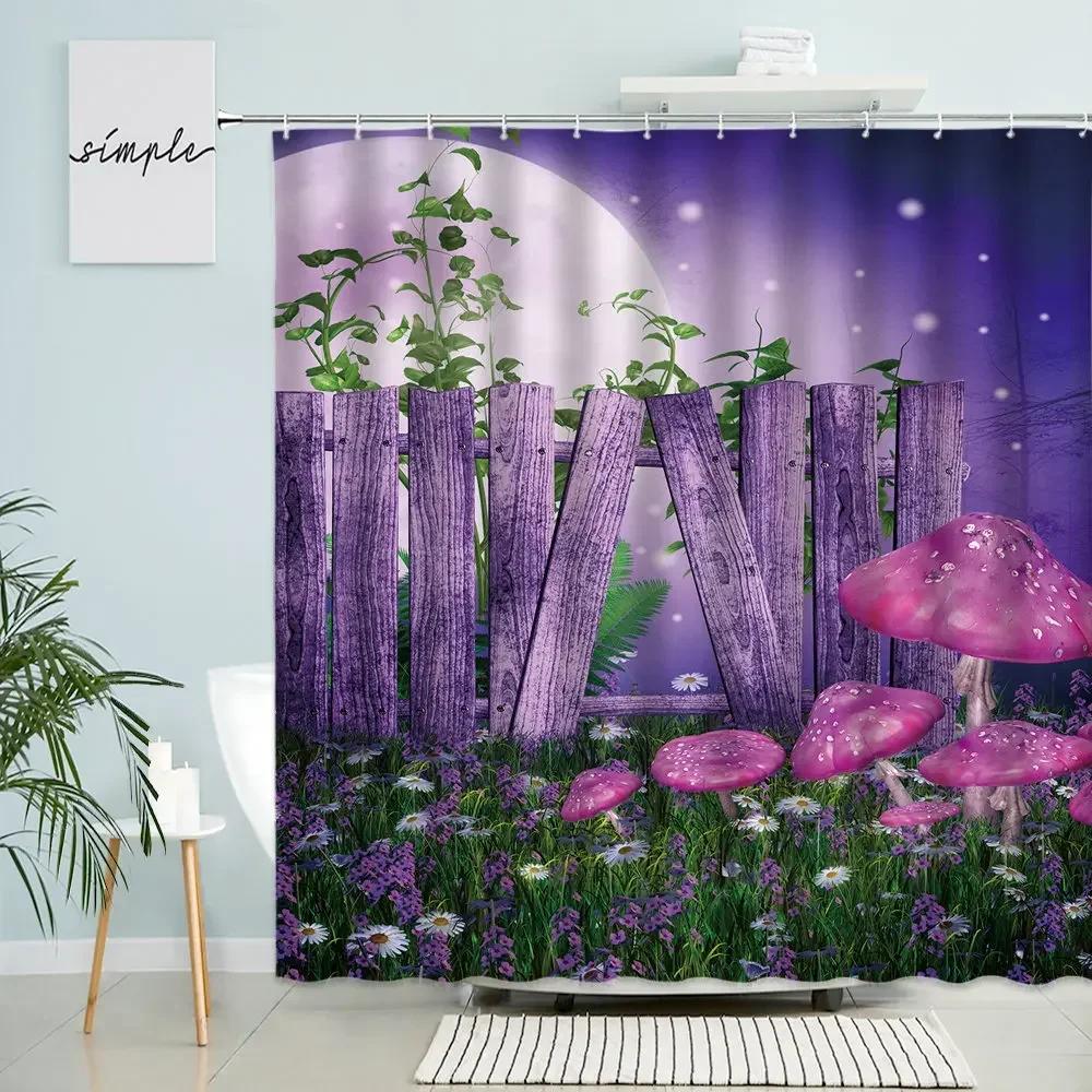 Cartoon Fantasy Forest Scenery Shower Curtain Fairy Tale Mushroom Plant Flower Child Bathroom Decor With Hook Waterproof Screen